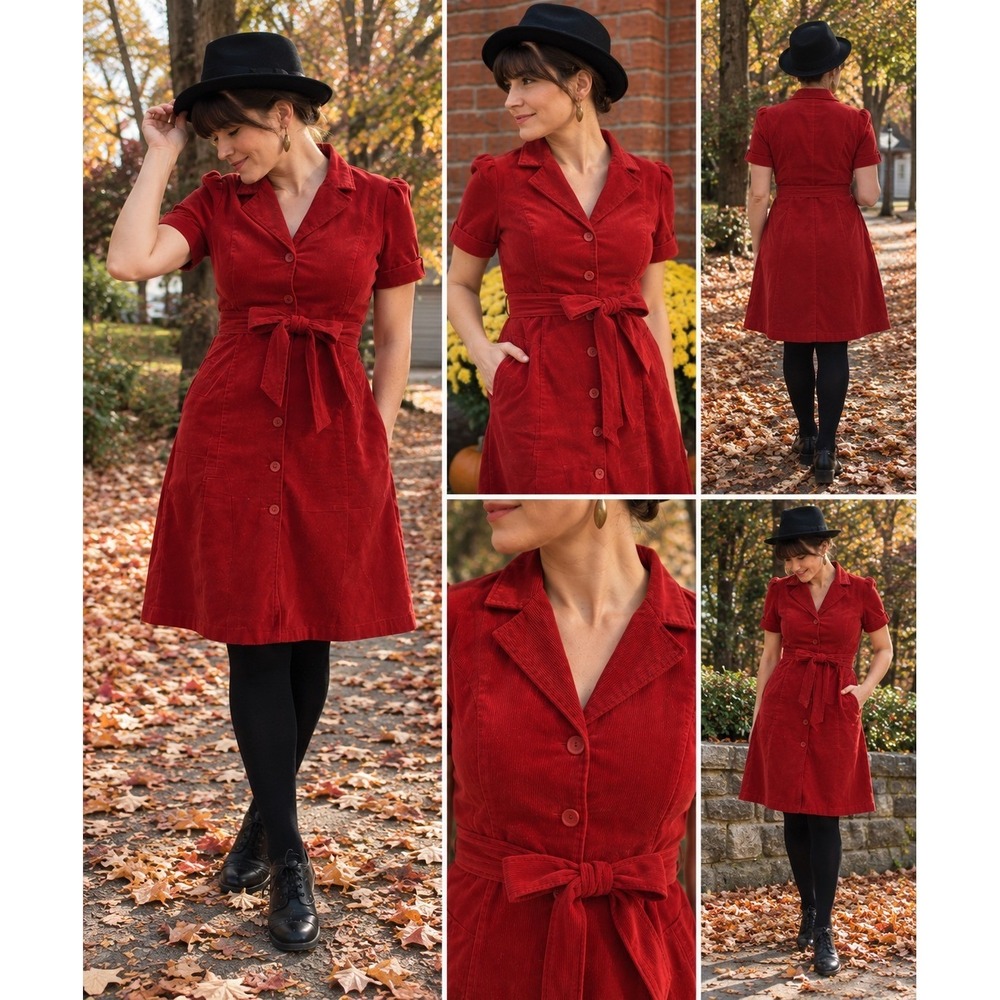 Anthropologie Viola Red Corduroy Shirt Dress Size 4 Belted Midi Holiday